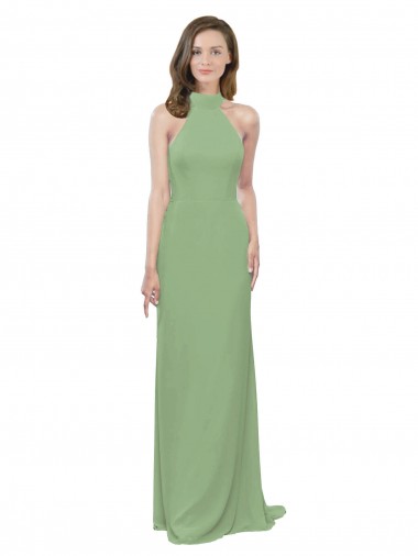 Compre línea A Halter Cuello Alto Gasa Largo Vestidos de dama de honor