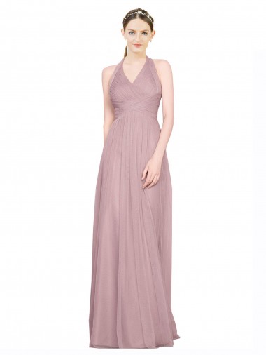 Compre línea A Halter Cuello en V Tul Largo Vestidos de dama de honor