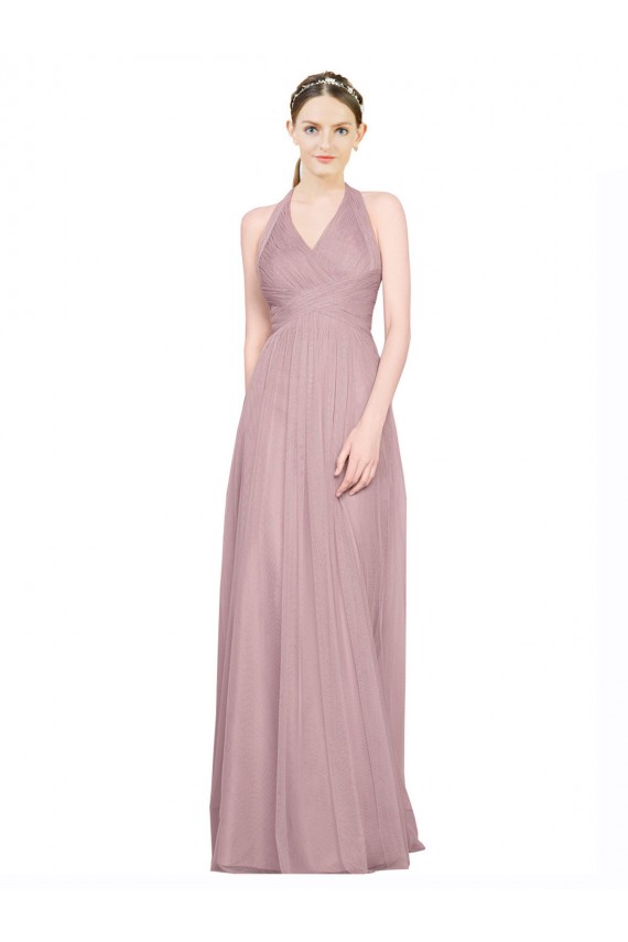 Compre línea A Halter Cuello en V Tul Largo Vestidos de dama de honor