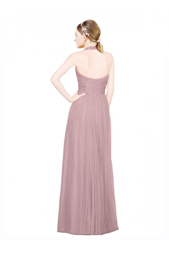Compre línea A Halter Cuello en V Tul Largo Vestidos de dama de honor