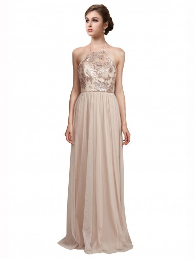 Compre línea A Halter Tul Largo Vestidos de dama de honor