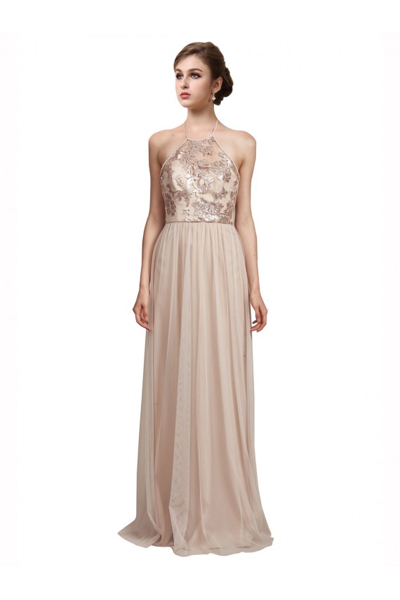 Compre línea A Halter Tul Largo Vestidos de dama de honor