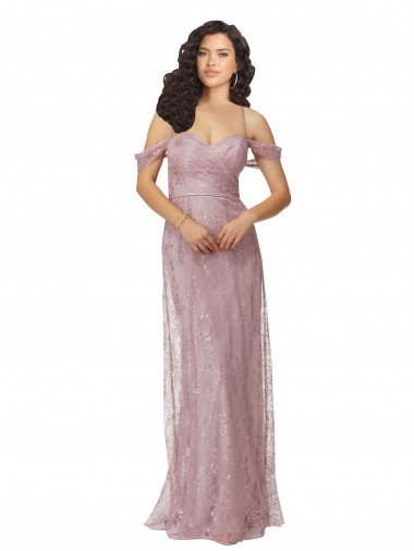 Compre línea A Hombros Descubiertos Encaje Largo Vestidos de dama de honor