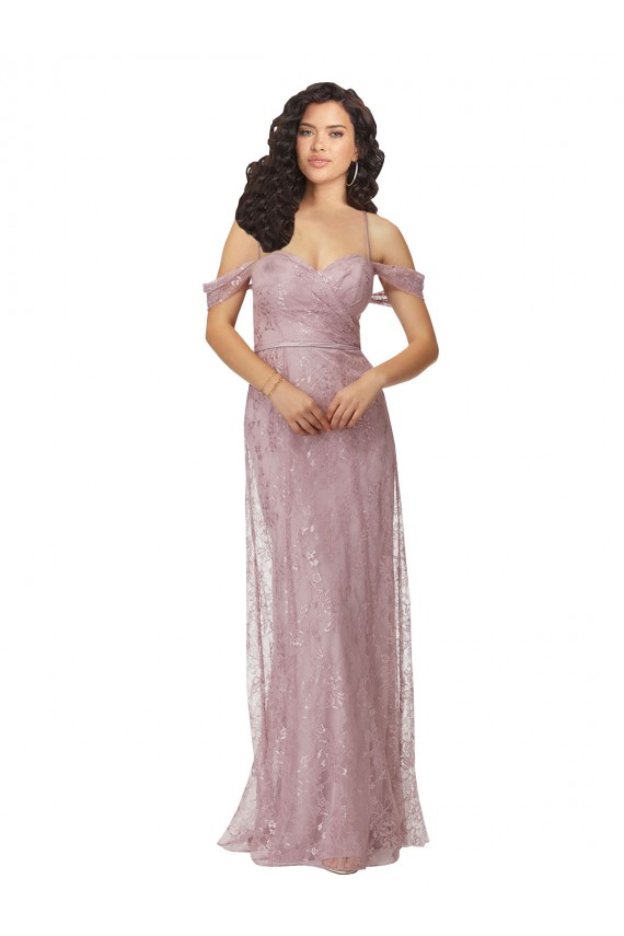 Compre línea A Hombros Descubiertos Encaje Largo Vestidos de dama de honor