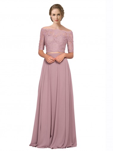 Compre línea A Hombros Descubiertos Gasa Encaje Largo Vestidos de dama de honor / Vestidos de fiesta