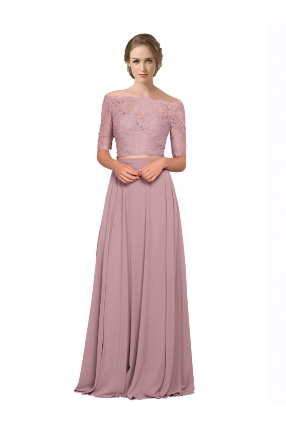 Compre línea A Hombros Descubiertos Gasa Encaje Largo Vestidos de dama de honor / Vestidos de fiesta