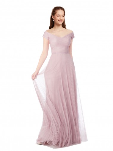 Compre línea A Hombros Descubiertos Tul Largo Vestidos de dama de honor