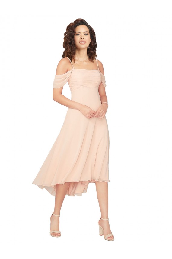 Compre rosa hielo línea A Cuadrado Midi Gasa Corto Asimétrico Vestidos de dama de honor