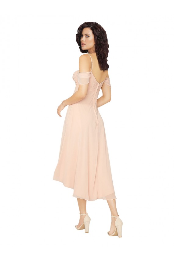 Compre rosa hielo línea A Cuadrado Midi Gasa Corto Asimétrico Vestidos de dama de honor